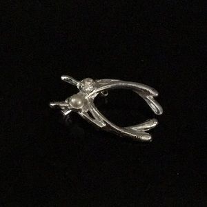 Vintage brooch, double wishbone with rhinestone and pearl